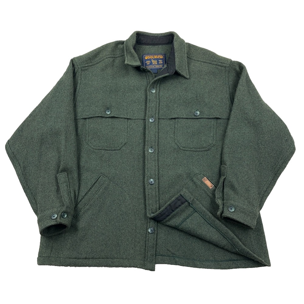 Vintage Woolrich Mackinaw Jacket Men XL Green Wool Heavy Flannel Shacket Unlined